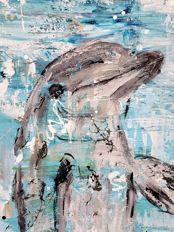 Female nude/ seascape PARADISE BY THE DOLPHINS LIGHT - 100 x 120 cm painting by Oswin Gesselli