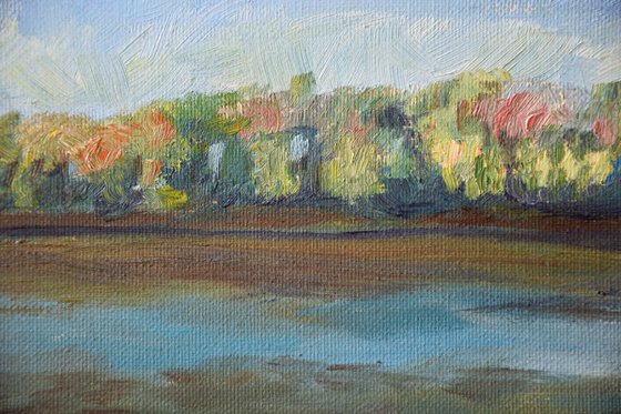 River landscape oil painting on canvas, spring forest painting