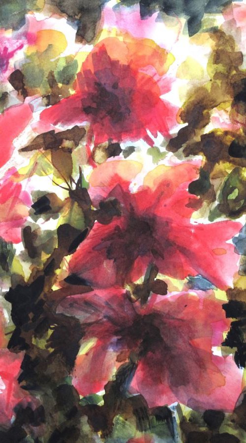 Red flowers - floral watercolor - small size 31X41cm by Fabienne Monestier