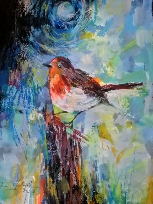 Robin acrylic painting by Anna Maria