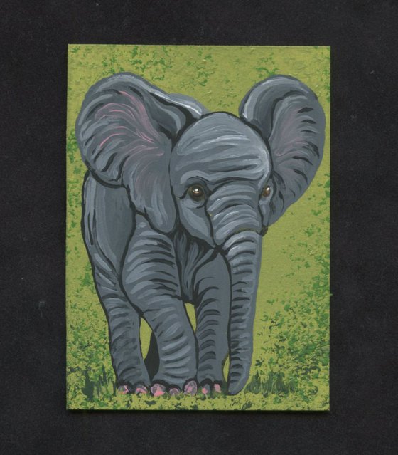 ACEO ATC Original Painting Baby Elephant Wildlife Art-Carla Smale