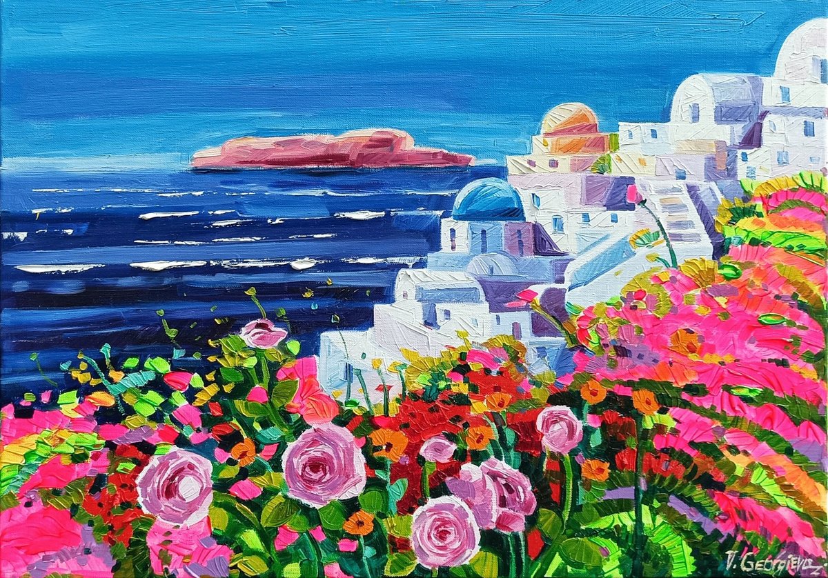 Impressionistic Landscape Oil Painting By Vanya Georgieva, 28 X 20", Sunny Day In Santorini, Original Artwork
