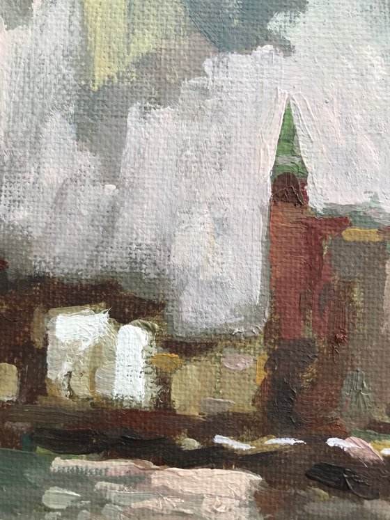 Original Oil Painting Wall Art Signed unframed Hand Made Jixiang Dong Canvas 25cm × 20cm Cityscape Amsterdam Boat Trip Amsterdam River House Small Impressionism Impasto