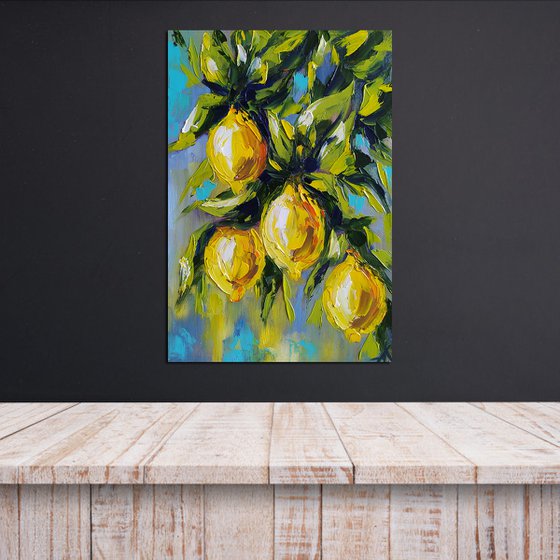 In lemon tones - lemon, oil painting, lemons oil painting, lemons on the tree, nature