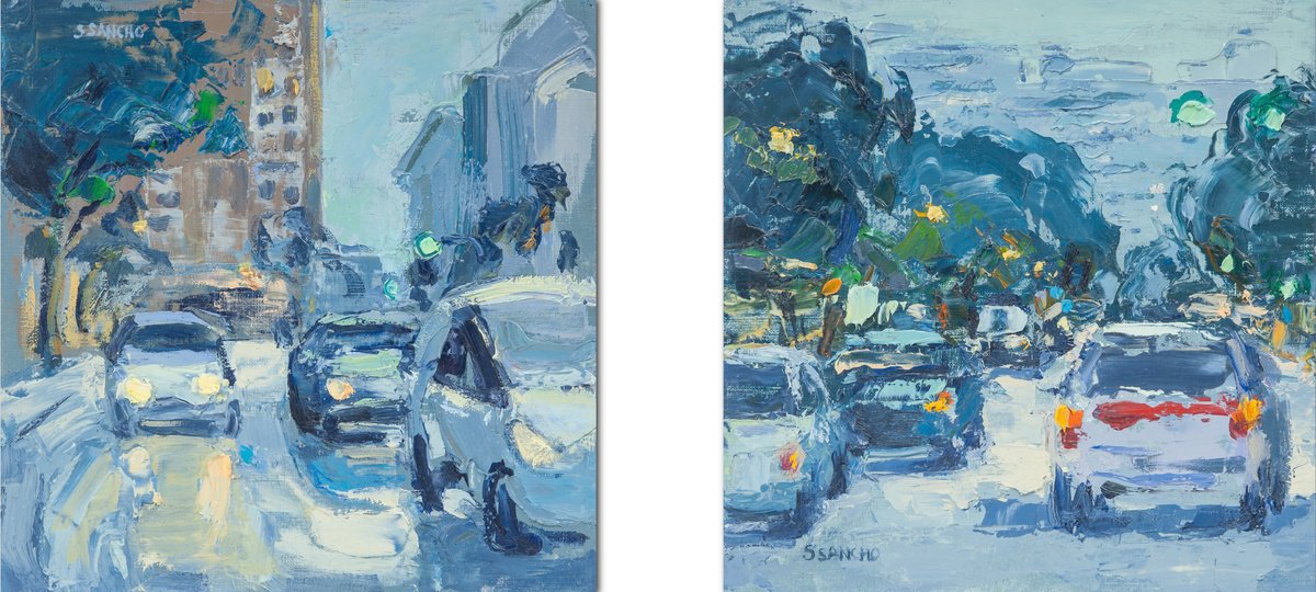Expressive Cityscapes Oil Painting By Susana Sancho Beltran, 22 X 10", Diptych (Urban Landscape), Original Artwork