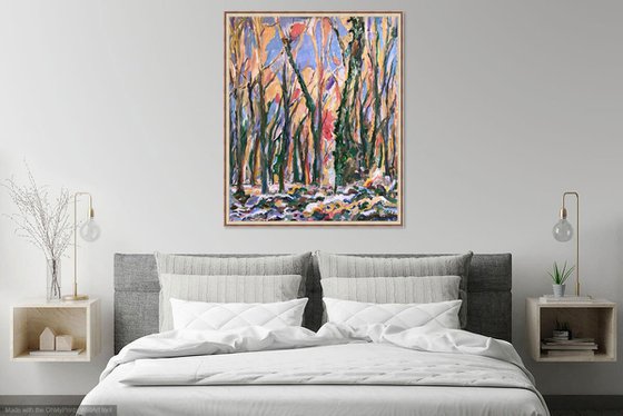 MORNING IN THE WINTER FOREST - original landscape painting, oil on canvas, impressionist art 120x100