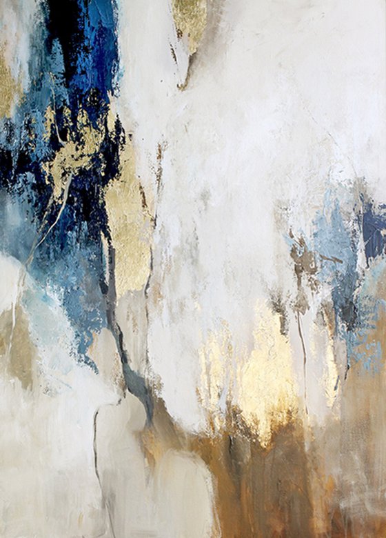 "Flow 1" Abstract blue and gold acrylic art