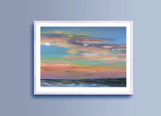 Abstract acrylic sea landscape painting , coastal sunset artwork , beach wall art with cloudy sky