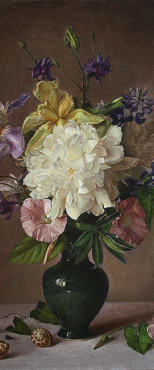 Bouquet with peony, irises and bindweed by Julia Diven