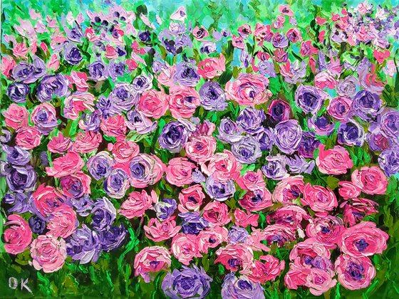 FIELD OF Happyness PURPLE PINK WHITE  ROSES  palette knife modern decor MEADOW OF FlOWERS, LANDSCAPE,  office home decor gift