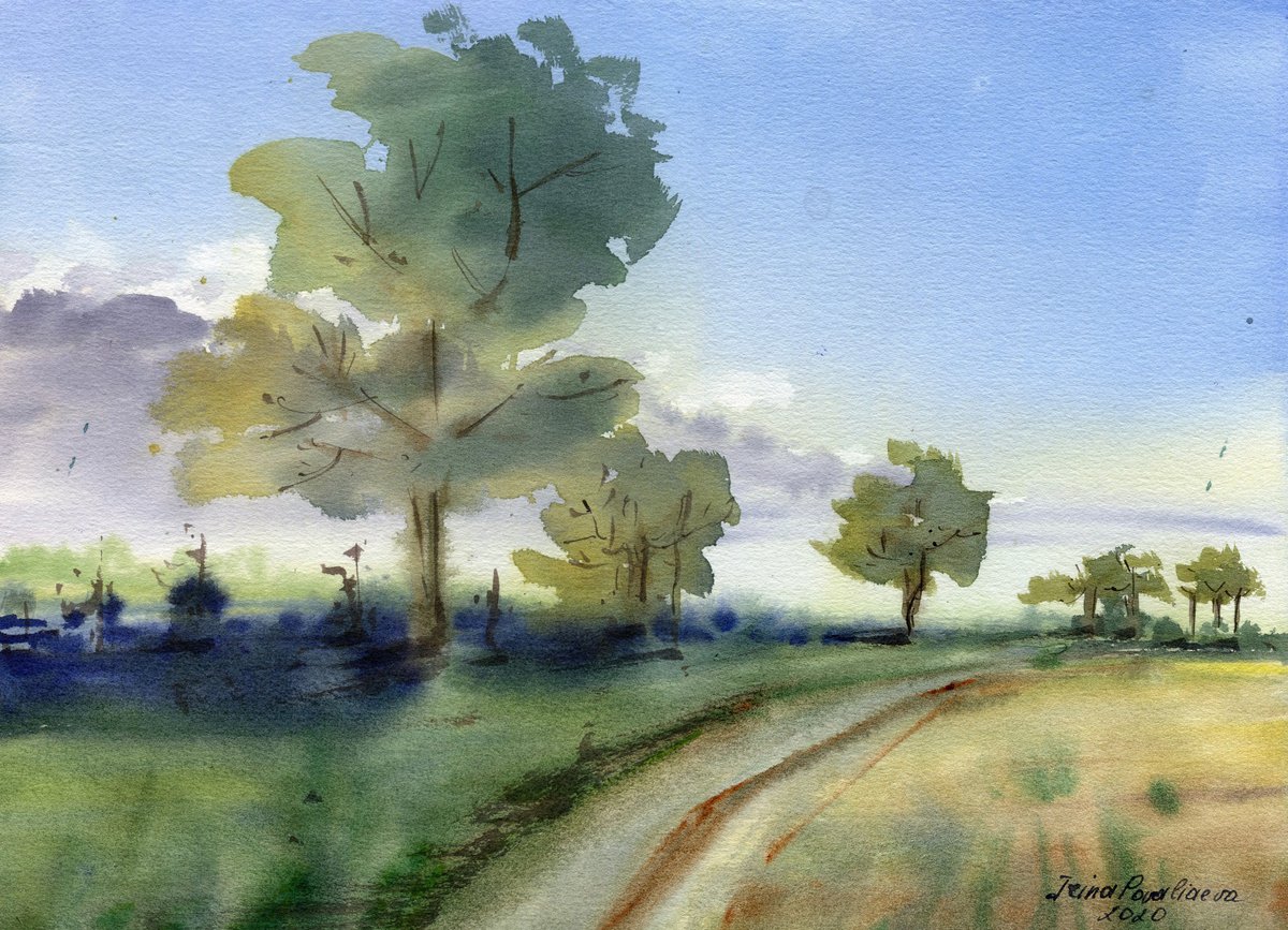 Сountry road watercolor original painting, forest and field home decor, 27,5 x37,5 cm, gi... by Irina Povaliaeva