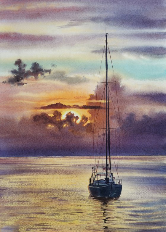 Sailboat - Yacht Art  - seascape - sea and sky - yacht -  sunset