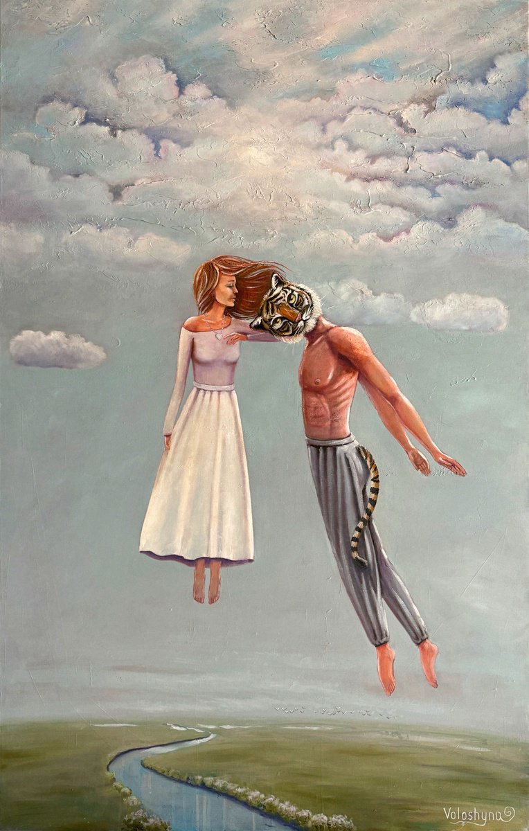 Surrealistic Portrait Oil Painting By Mary Voloshyna, 31 X 47", Between Heaven And Earth, Original Artwork