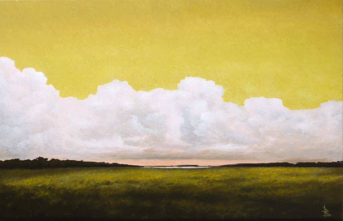 Impressionistic Landscape Oil Painting By Oleg Baulin, 28 X 18", Distant Clouds, Original Artwork