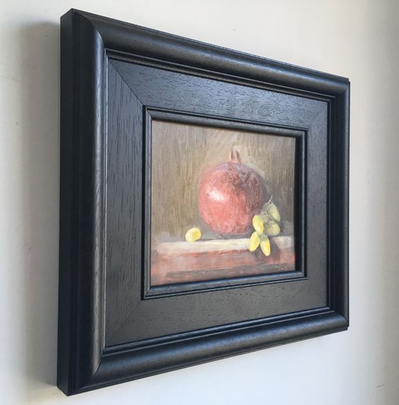 Pomegranate & Green Grapes; Classical still life oil painting.