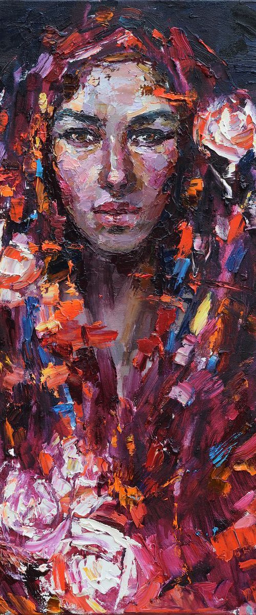 Russian girl in the red headscarf Original portrait painting on canvas 50 x 80 cm Palette knife by Anastasiia Valiulina