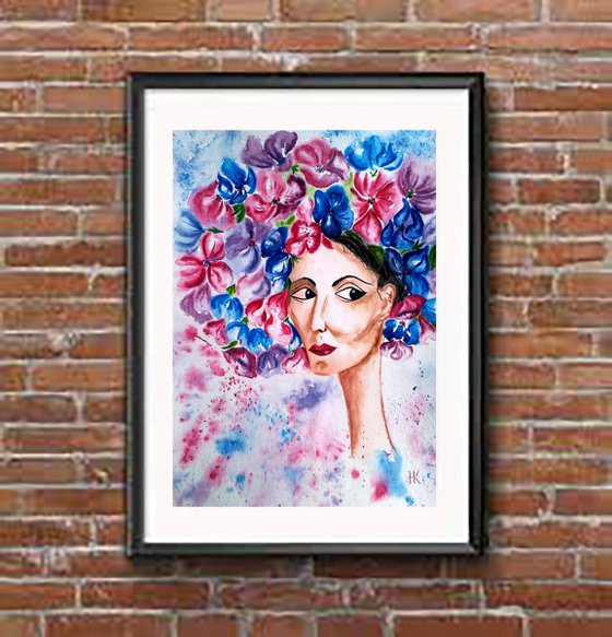 Flower Head Painting Woman Original Art Female Portrait Watercolor Flower Hat Artwork Floral Lady Wall Art 12 by 17" by Halyna Kirichenko