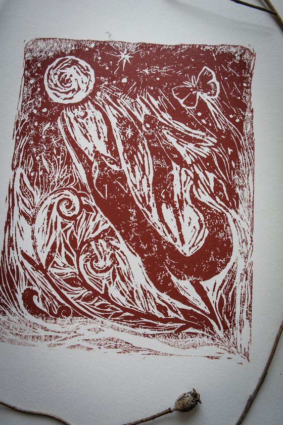 Fly To The Moon, Linocut Print