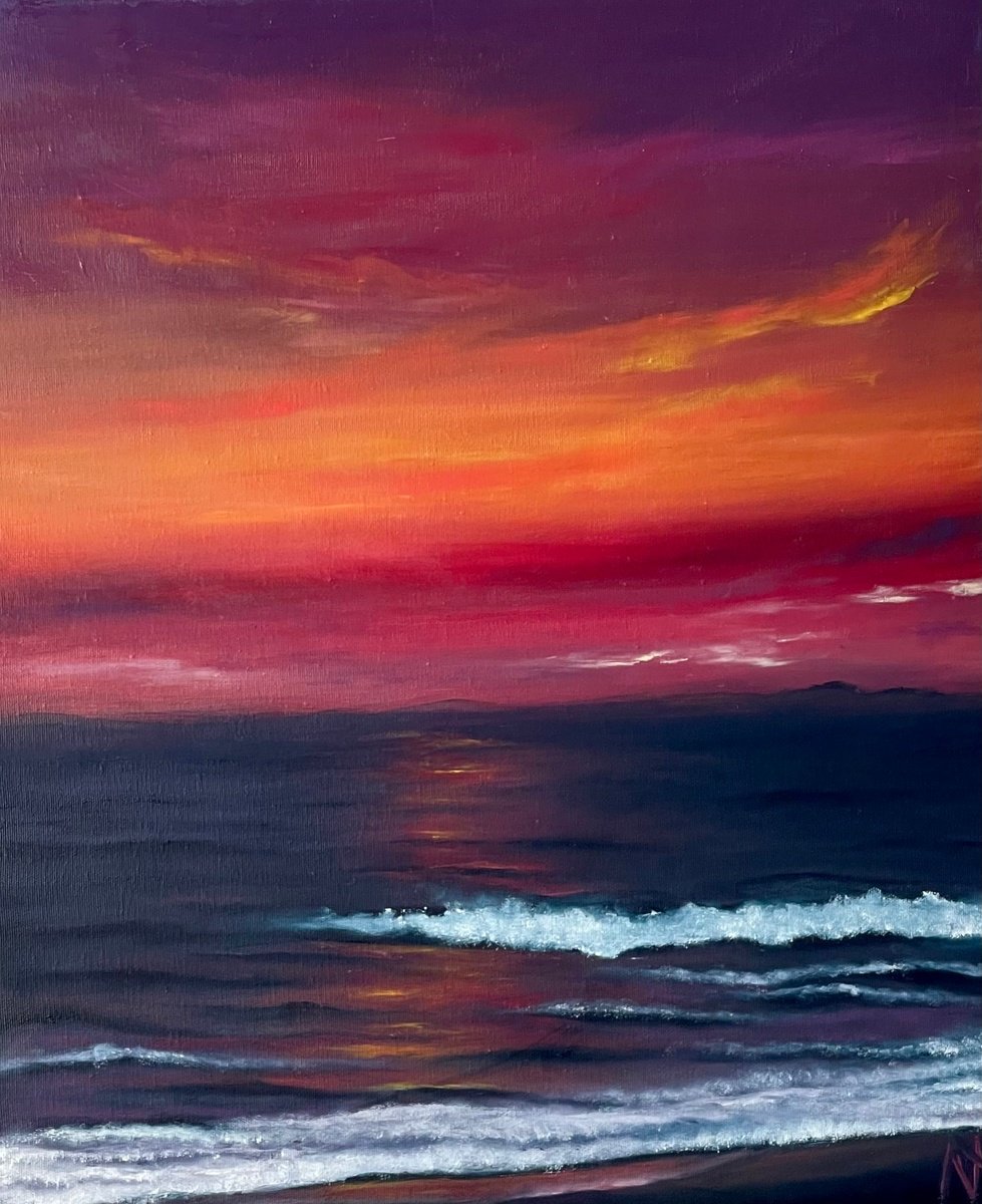 Expressive Landscape Oil Painting By Anastasiia Novitskaya, 20 X 24, Red Sunset, Original Artwork