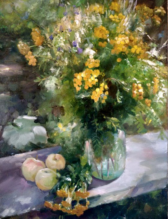 Flowers and apples