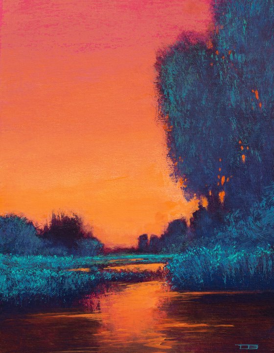 Wetlands Sunset 230105, colorful sunset landscape with field, water  & trees