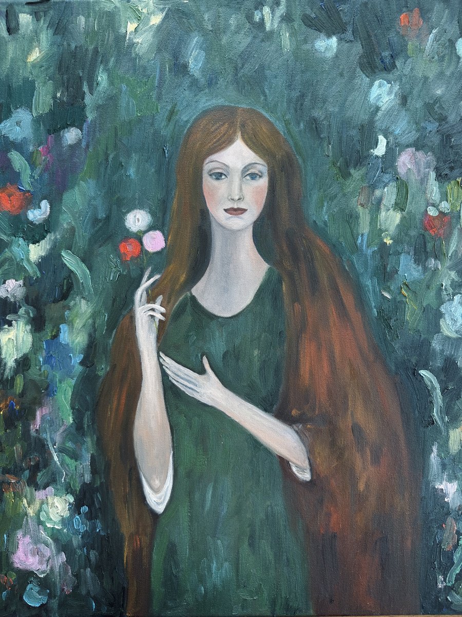 Impressionistic Portrait Oil Painting By Irina Anis, 18 X 22, Red-Haired Woman In The Forest, Original Artwork