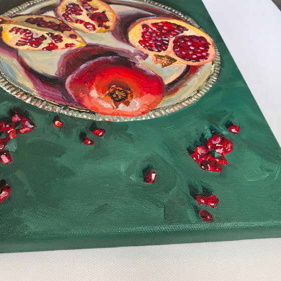 Pomegranates on metal tray