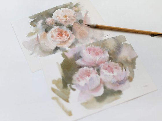 Peonies and roses, Set of 2 paintings