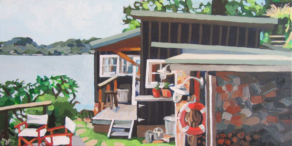 Impressionistic Landscape Acrylic Painting By Melinda Patrick, 20 X 10", Fish Camp, Original Artwork