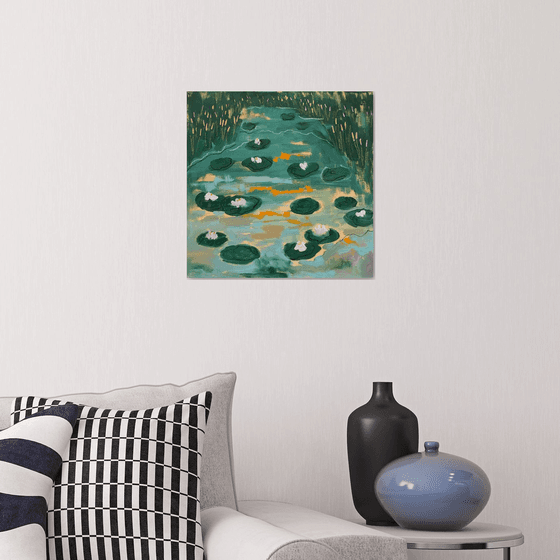Water lilies — contemporary landscape with optimistic and positive energy on stretched canvas