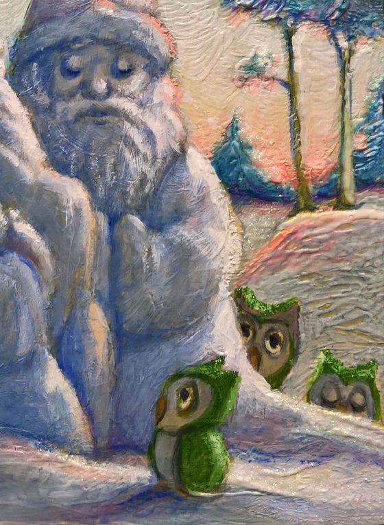 THE SNOW SANTAS AND THE THREE OWLS - ( framed )