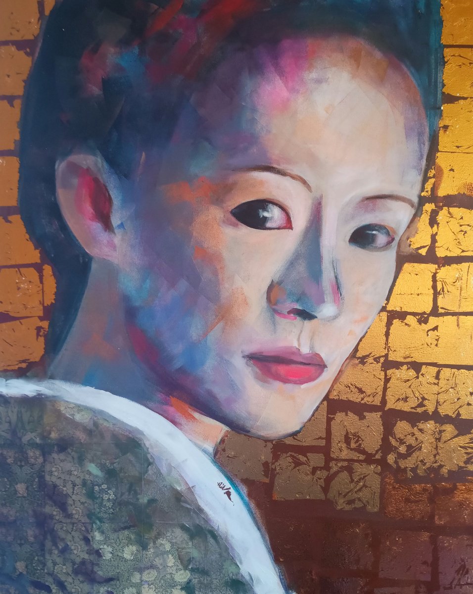 Expressive Portrait Acrylic Painting By Marina Del Pozo, 32 X 39", Gheisa #7, Original Artwork