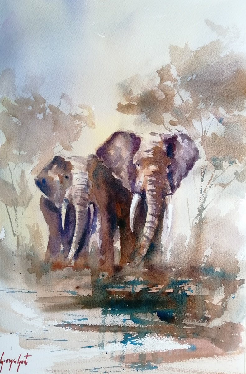 Impressionistic Watercolour , Elephant 23 By Giorgio Gosti, 14 X 21, Artwork For Sale On Artfinder