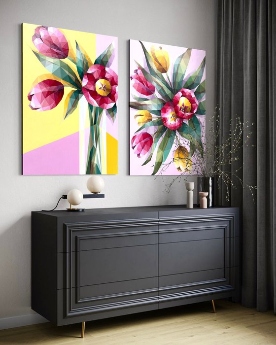 BOUQUET OF PINK TULIPS IN A VASE ON YELLOW