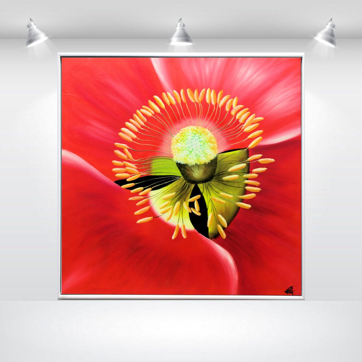 Abstract Botanical Acrylic Painting By Edelgard Schroer, 32 X 32, Poppy Core, Original Artwork