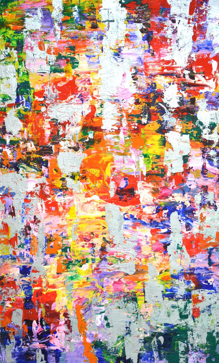 Abstract Acrylic Painting By Iryna Kastsova, 24 X 39, Expression With Silver 15, Original Artwork