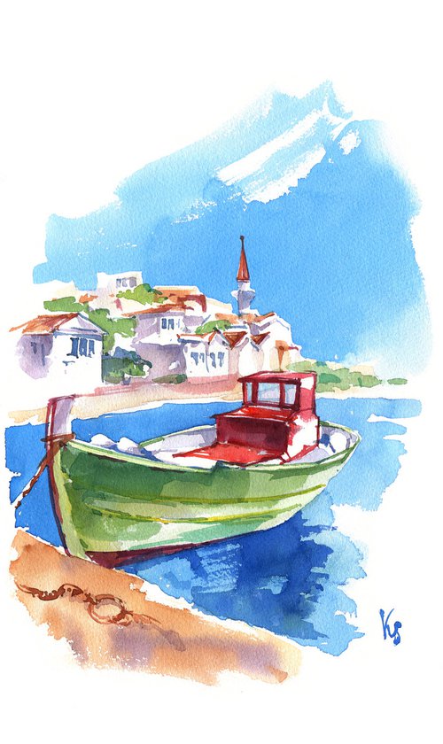 Bright summer landscape "Moored boat off the coast of a Greek city" original watercolor painting by Ksenia Selianko