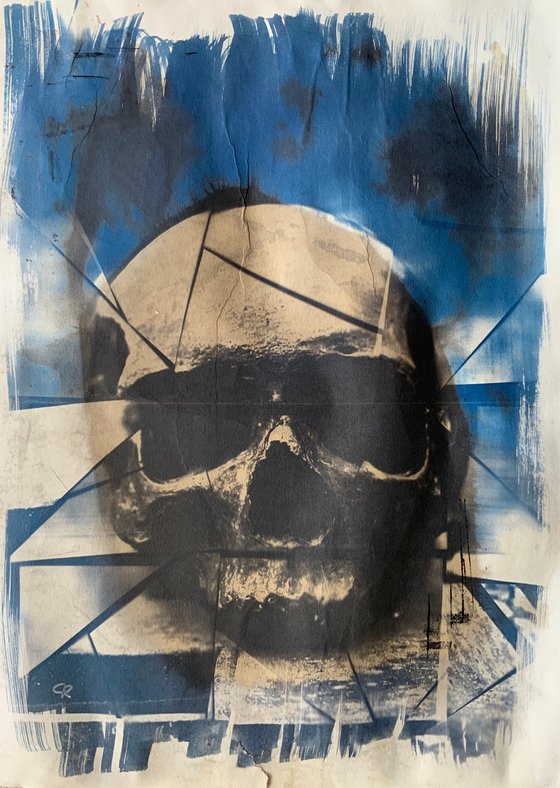 Cyanotype - Big Mosaic Skull Seeon Coffee Modified No 1 Print by