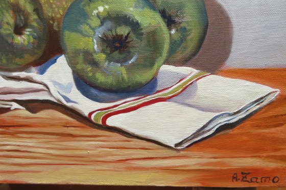 Green apple Granny Smith, Original Oil Painting by Anne Zamo