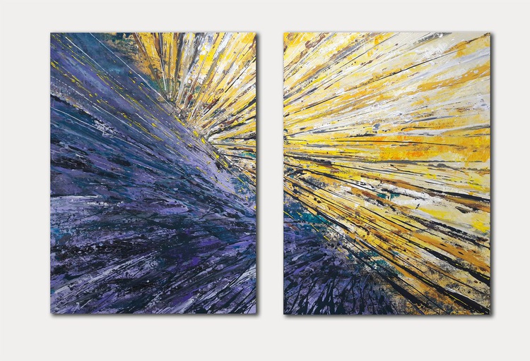 Abstract Painting Diptych On Canvas Blue Yellow Artfinder