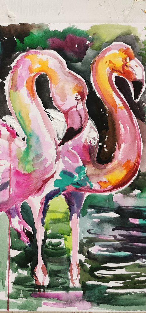 Flamingo Art, watercolor painting by Annet Loginova