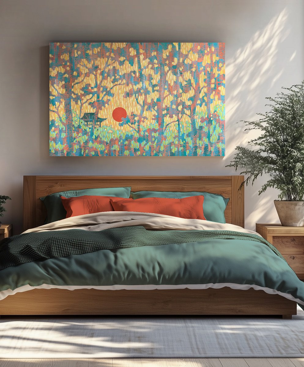 Illustrative Acrylic Painting , Warm Sunset In The Oriental Forest By Ekaterina Prisich, 55 X 35, Artwork For Sale On Artfinder