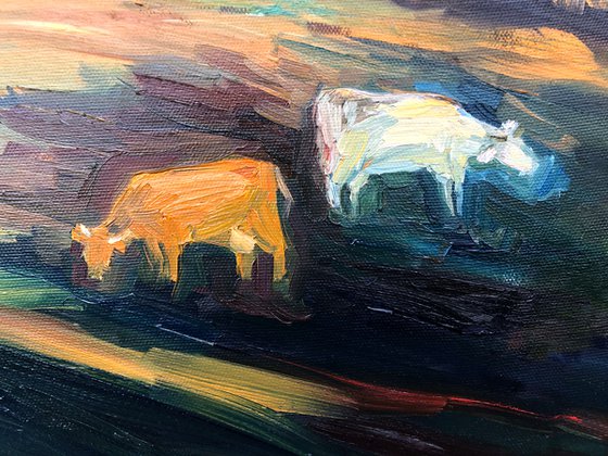 EVENING - landscape oil painting nature rural life sunset cows green field home interior décor gift idea