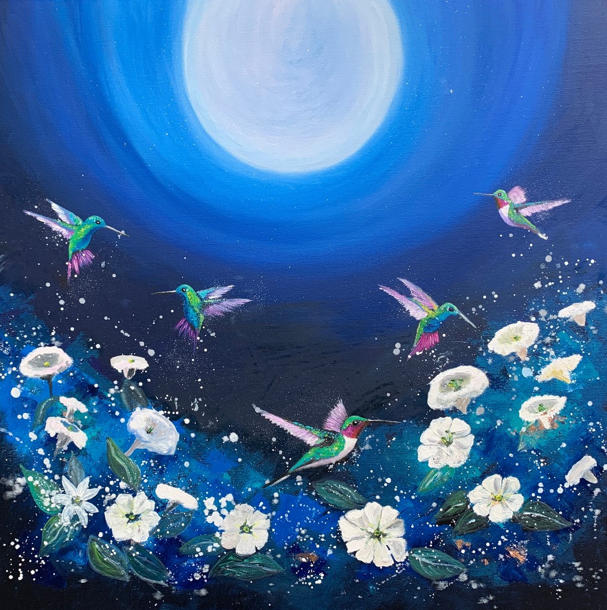 Impressionistic Landscape Painting By Laure Bury, 31 X 31", Moon Flower, Original Artwork
