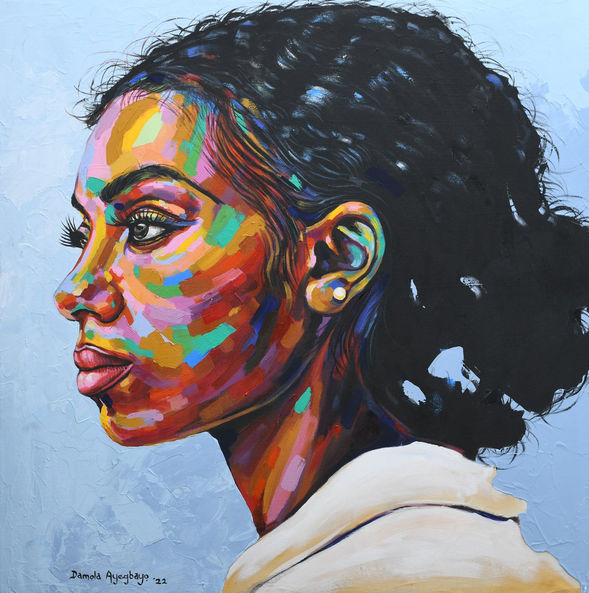 Expressive Portrait Acrylic Painting By Damola Ayegbayo, 36 X 36, Looking Beyond 3, Original Artwork