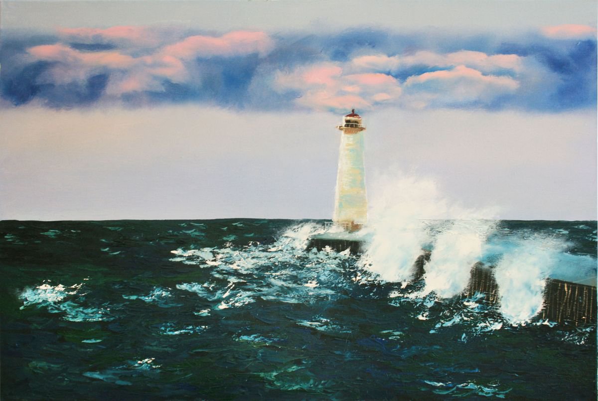 Expressive Landscape Oil Painting By Salana Art / Svetlana Samovarova, 35 X 24", Lighthouse On Lake Ontario, Original Artwork