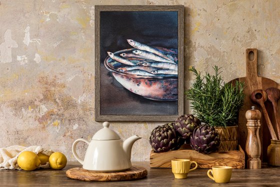 Fish in a bowl - original watercolor - seafood kitchen - darkness light