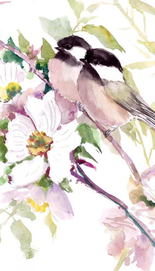 Chickadee Birds and Dogwood Flowers by Suren Nersisyan