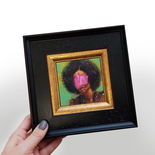 Black woman portrait original oil painting, Faceless portrait framed art mini oil painting, Girl portrait small frame art by Nataly Derevyanko