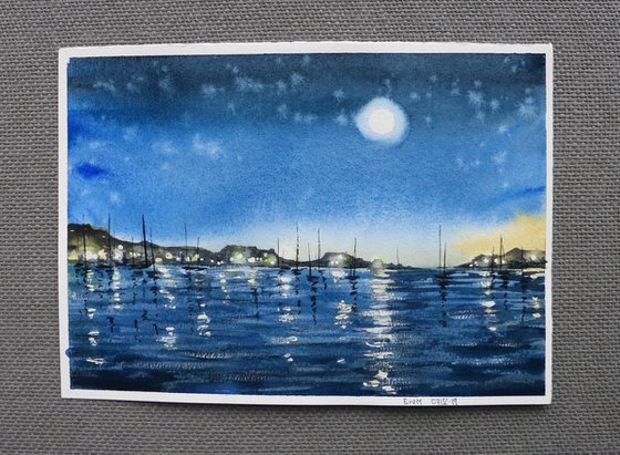 Night seascape with yachts. Original watercolor artwork.